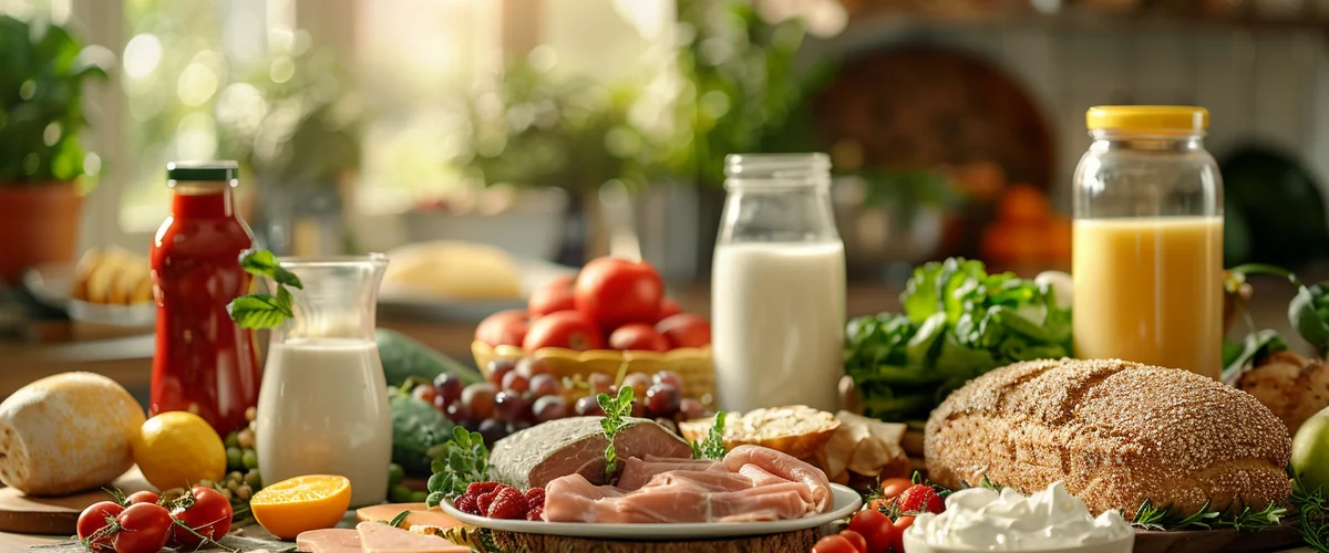 Produkty bez glutenu, laktozy ułożone na stole kuchennym