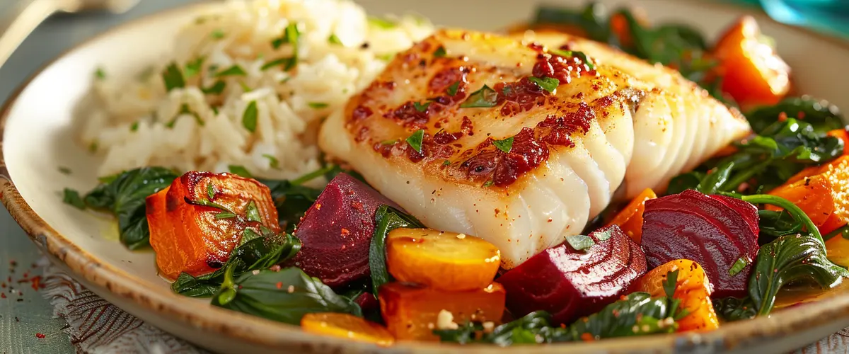 pieczone warzywa z dorszem i gotowanym ryżem