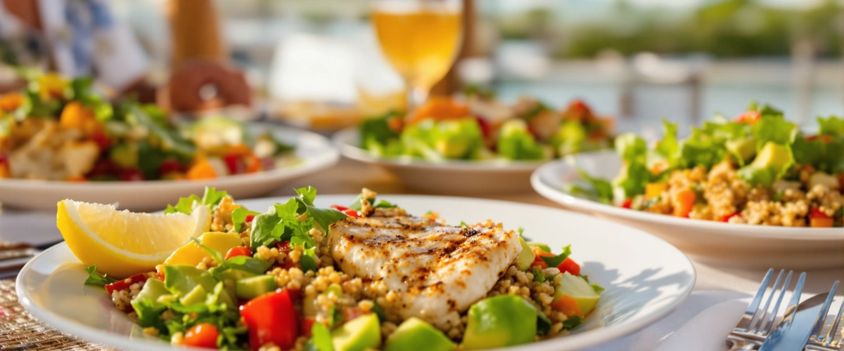 Grillowana ryba z warzywami przy morzu