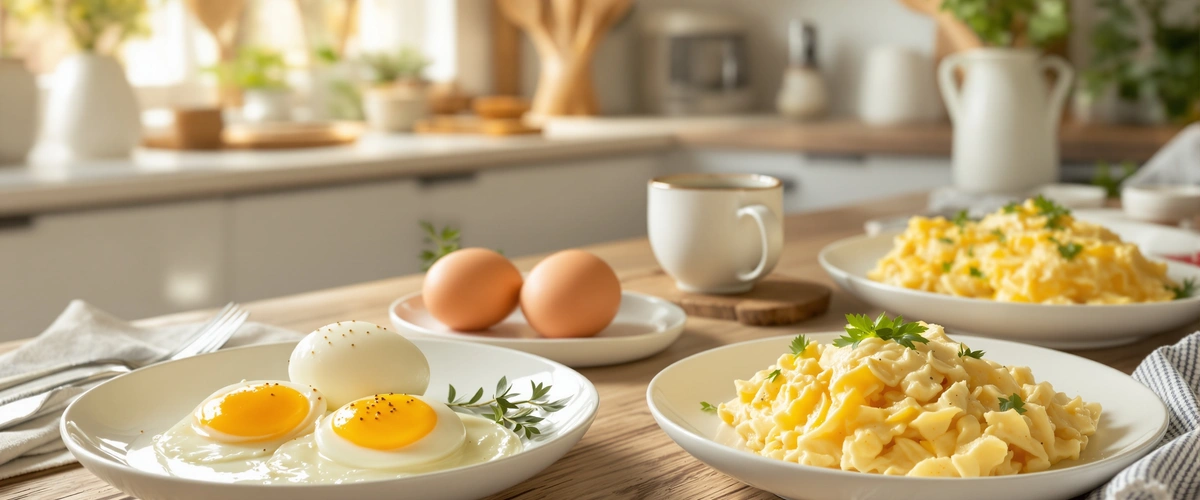 Jajka smażone i makaron w kuchni