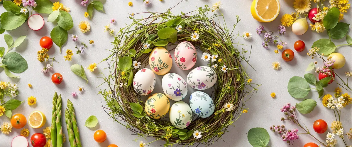 kompozycja wielkanocna z warzywami i owocami w tle