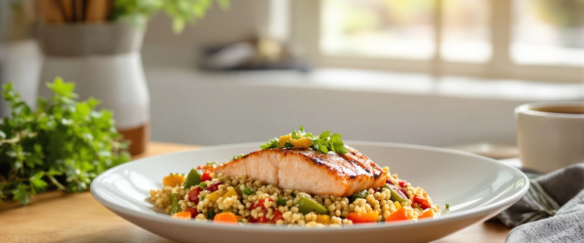 Łosoś na quinoa z warzywami