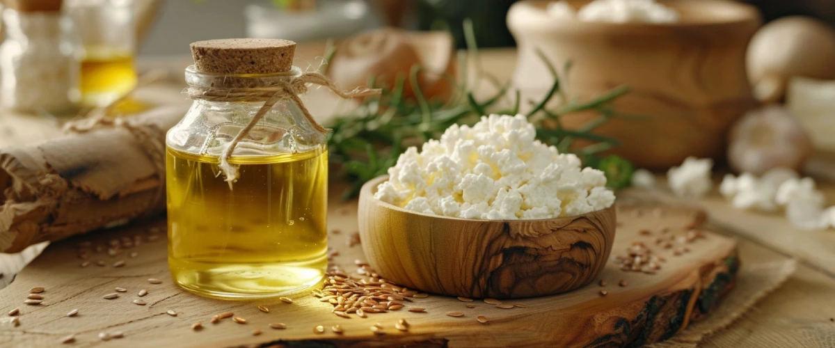 Olej lniany w butelce i twaróg w misce