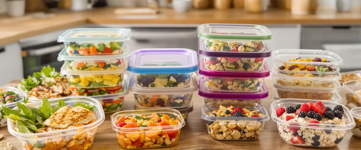 Pojemniki z przygotowanymi zdrowymi posiłkami