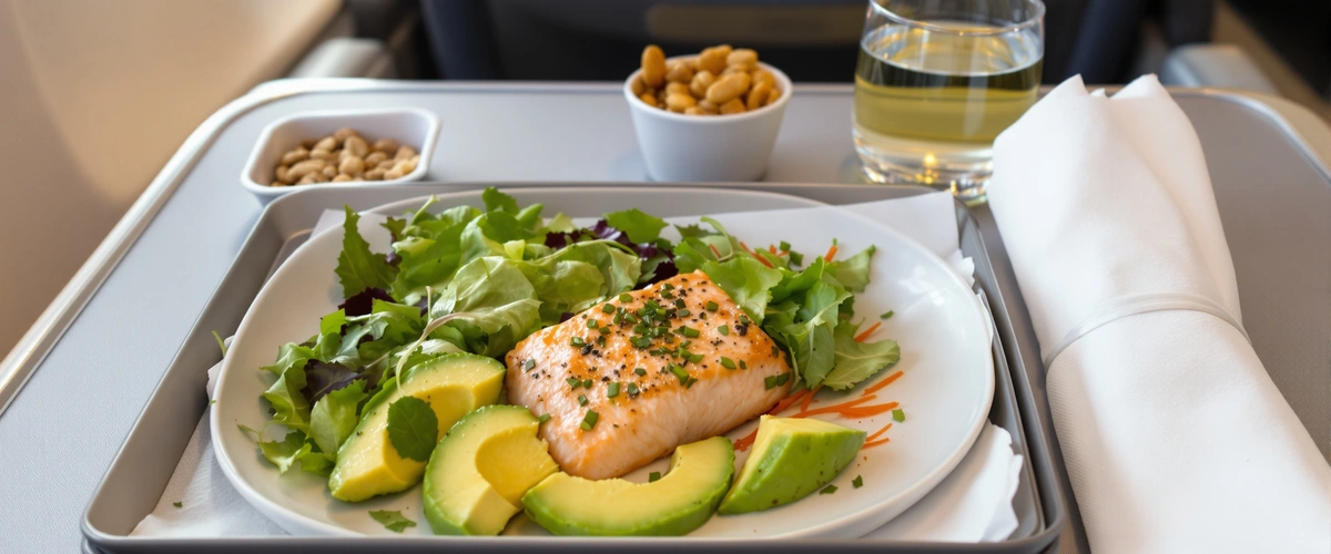 Posiłek samolotowy z łososiem i awokado