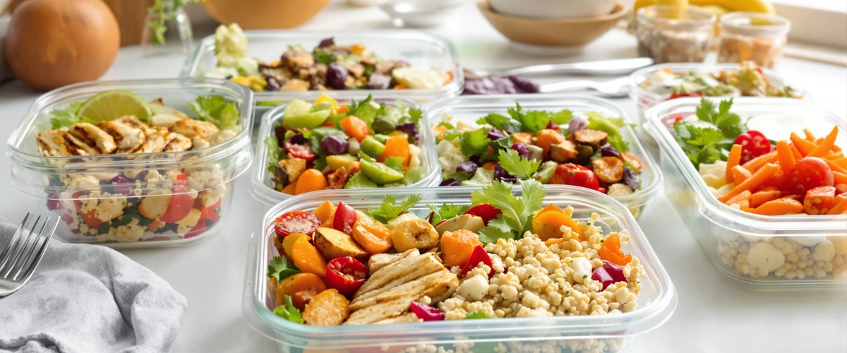 Pudełka z dietetycznymi posiłkami na blacie