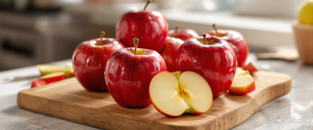 Świeże czerwone jabłka na desce