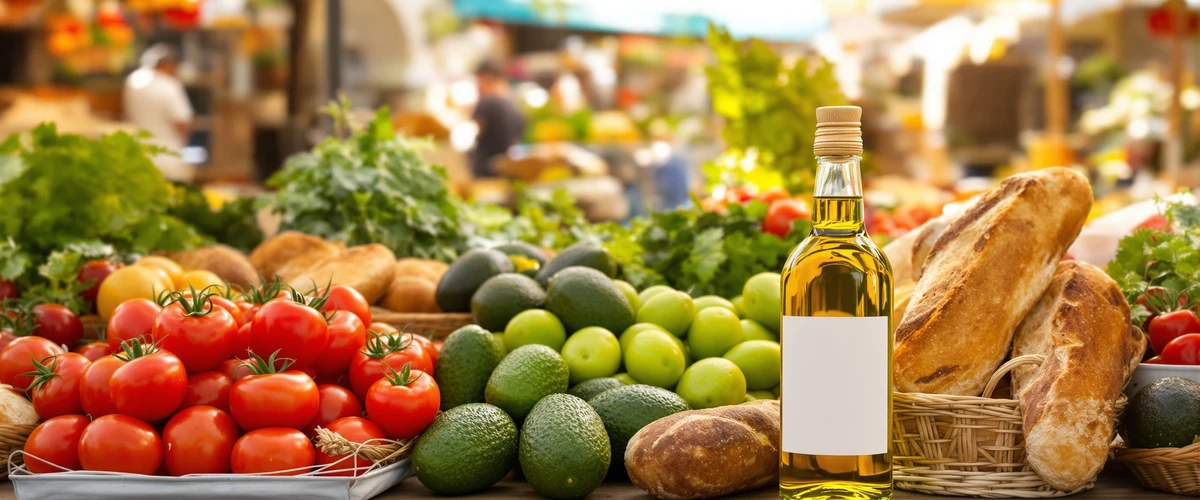 Świeże warzywa i oliwa na straganie