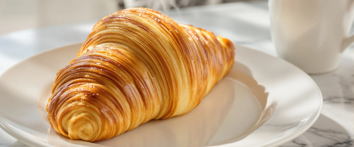 Złoty croissant na białym talerzu