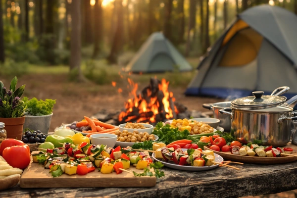 Camping jedzenie przy ognisku lesie