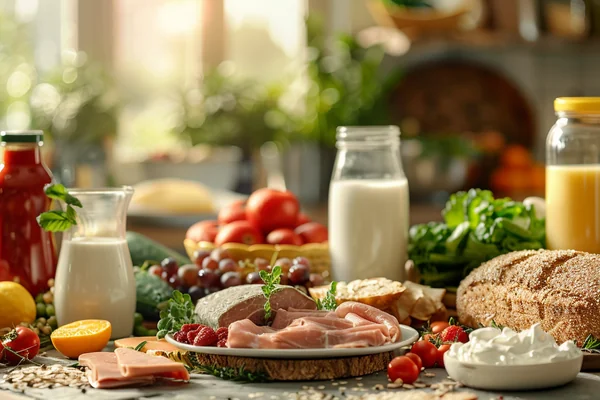 Produkty bez glutenu, laktozy ułożone na stole kuchennym