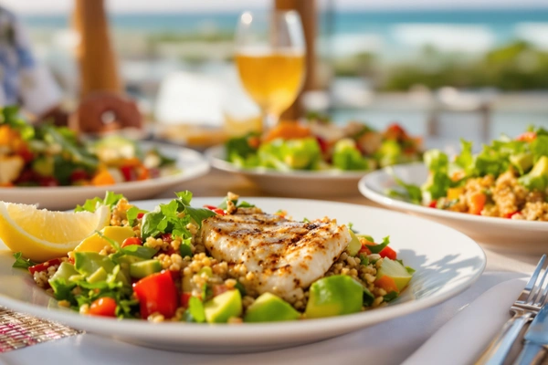 Grillowana ryba z warzywami przy morzu