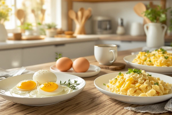 Jajka smażone i makaron w kuchni