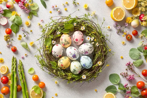 kompozycja wielkanocna z warzywami i owocami w tle