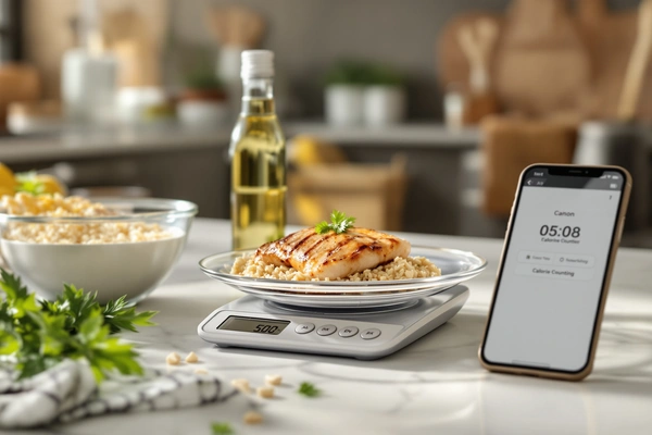 liczenie kalorii w posiłkach przy pomocy aplikacji mobilnej i wagi