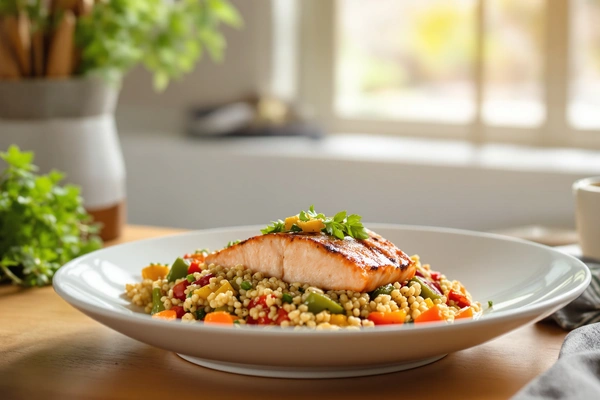 Łosoś na quinoa z warzywami