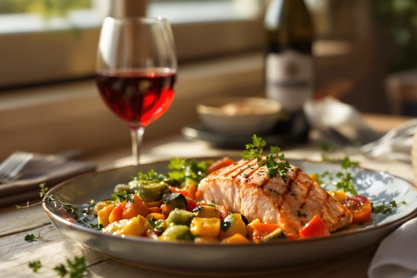 Łosoś z warzywami i czerwone wino