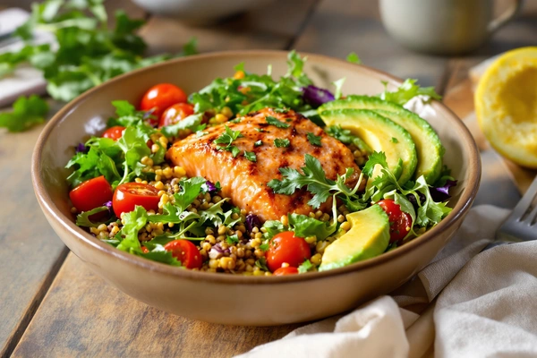 Miska z łososiem, awokado i sałatą