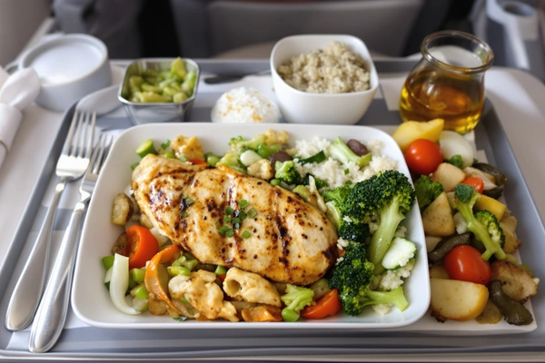 Posiłek lotniczy: kurczak, warzywa, ryż