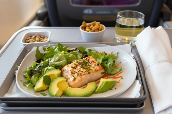 Posiłek samolotowy z łososiem i awokado