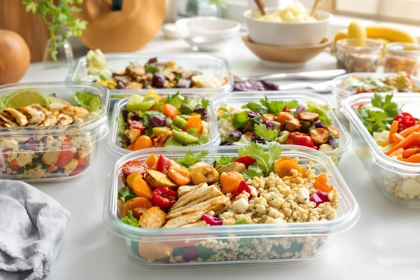 Pudełka z dietetycznymi posiłkami na blacie