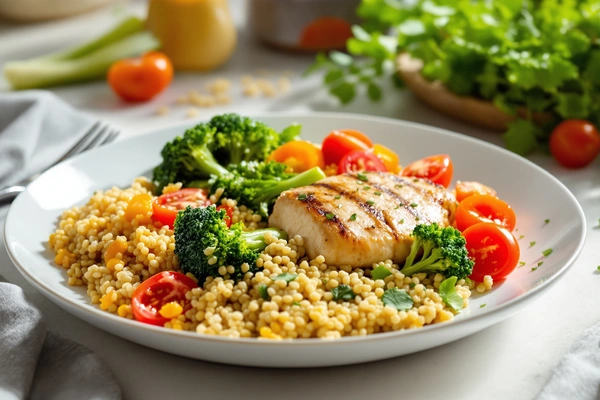 Ryba, kasza, brokuł, pomidory