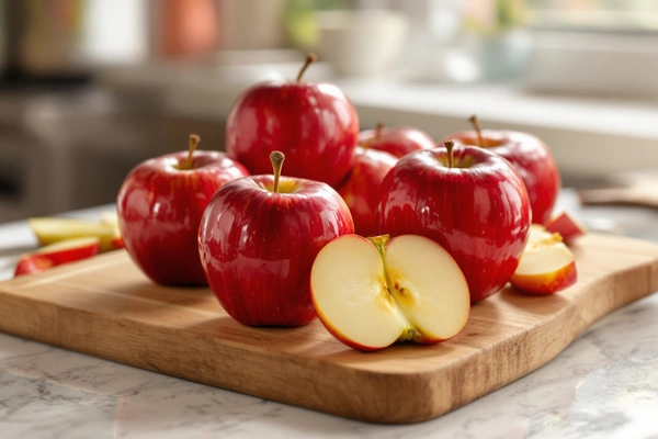 Świeże czerwone jabłka na desce