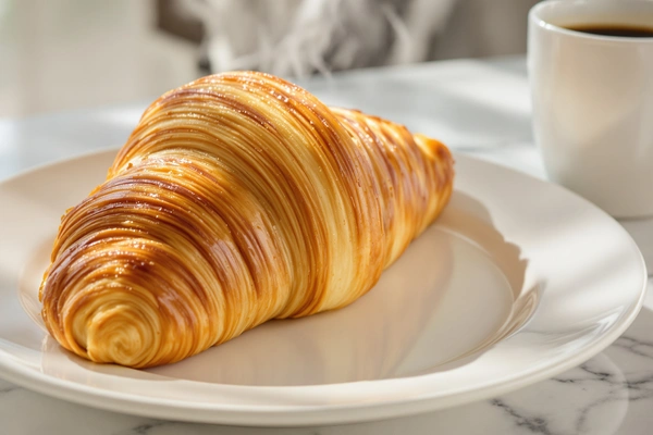 Złoty croissant na białym talerzu