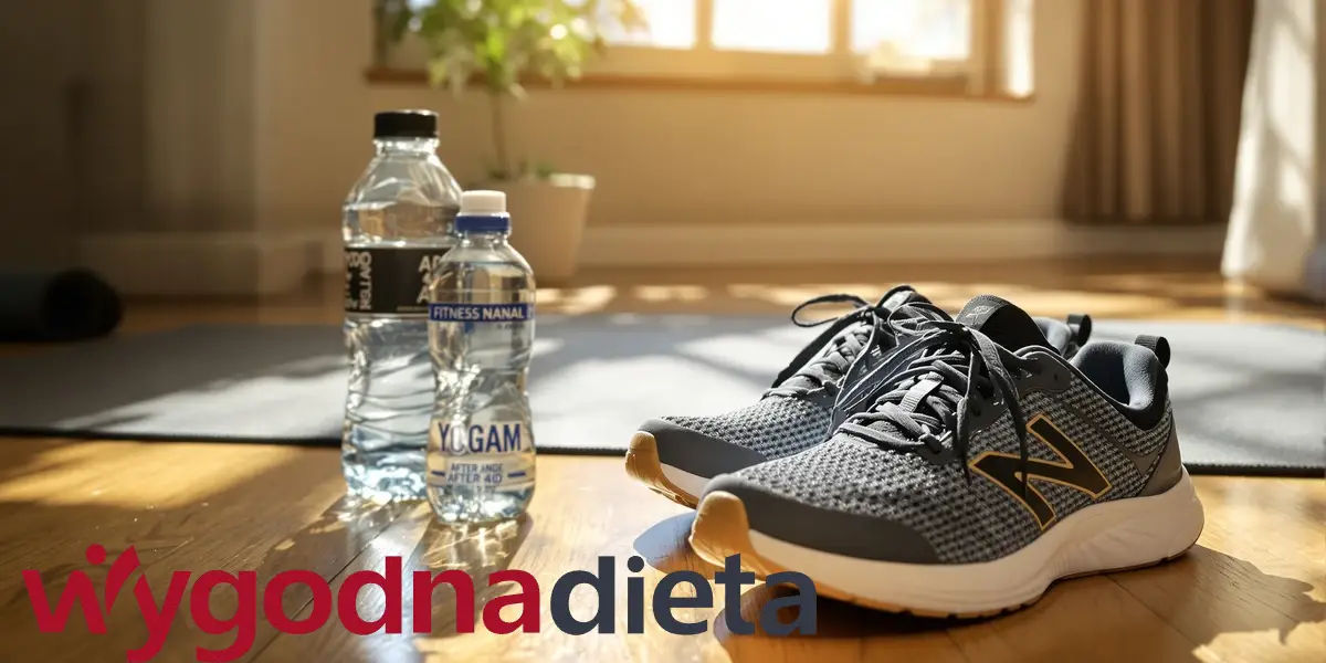 buty do biegania, butelki z wodą i mata