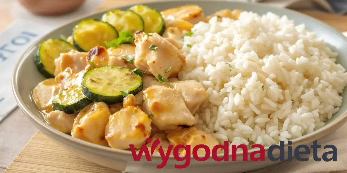 biały ryż, kurczak pokrojony w kostkę i marynowany, cukinia w plasterkach