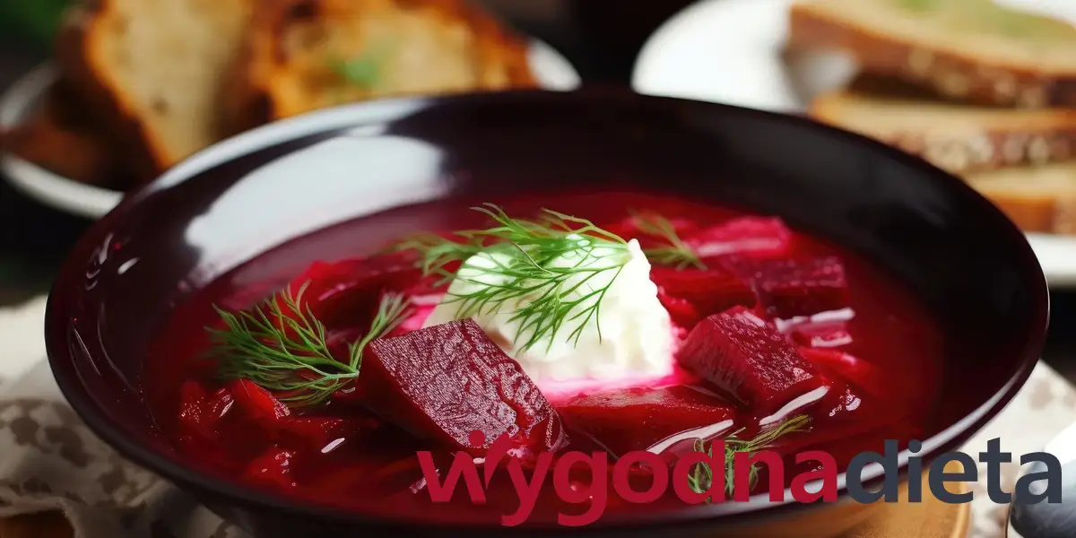 czerwony barszcz wigilijny z kawałkami buraków i śmietaną
