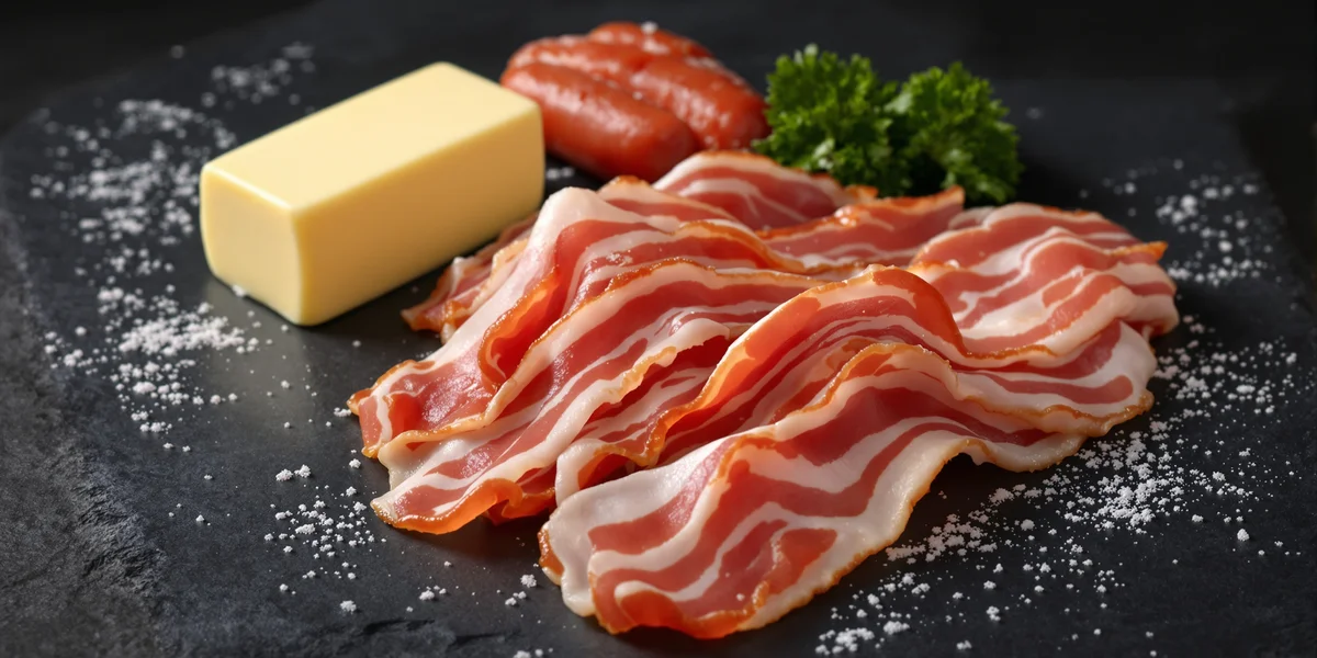 Boczek, masło i kiełbasa na talerzu