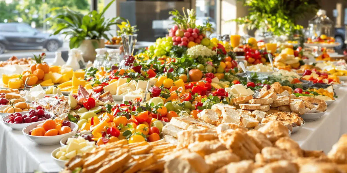 Bogaty stół śniadaniowy z owocami i przekąskami