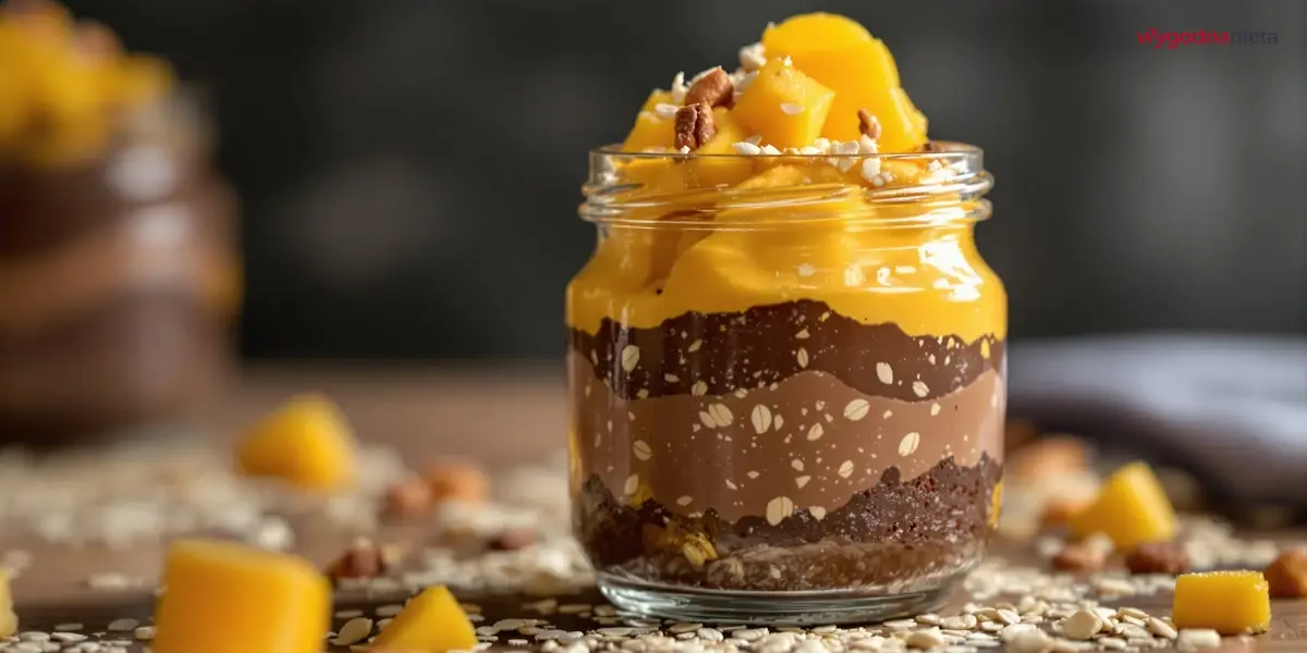 czekoladowy budyń owsiany z musem z mango