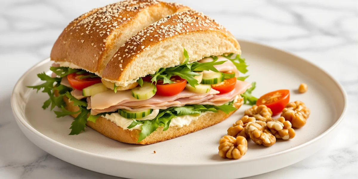 bułka grahamka z serkiem śmietankowym, drobiową wędliną, rukolą i ogórkiem