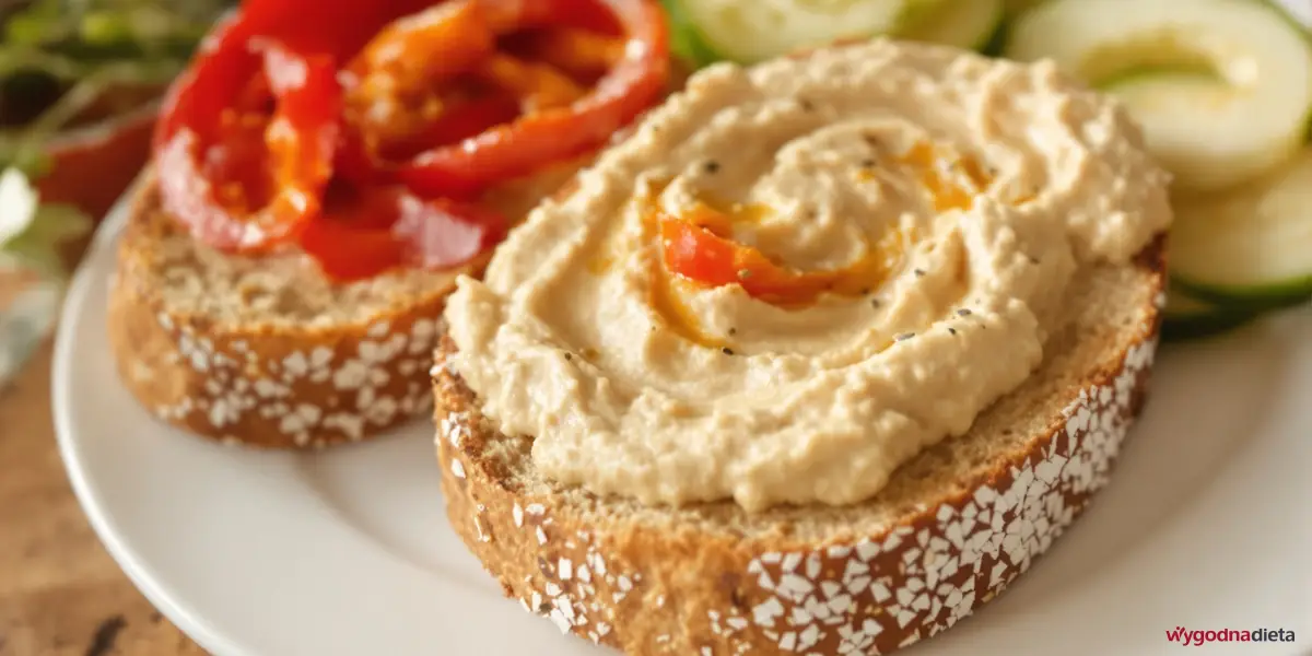 dwie kromki chleba żytniego z hummusem