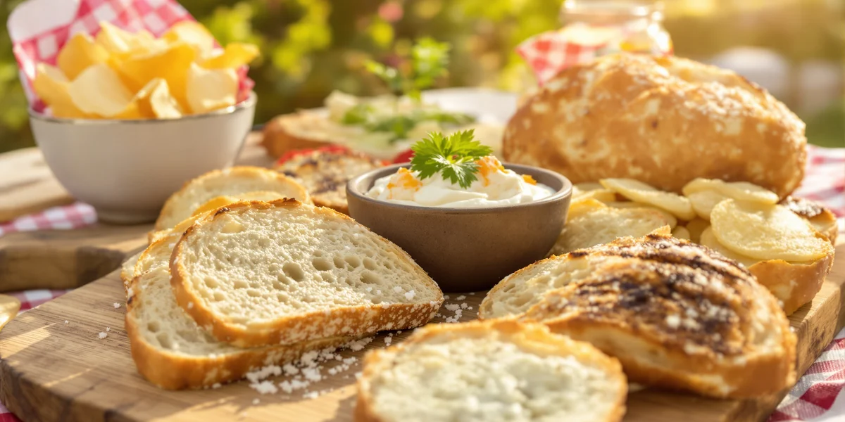 kaloryczne przekąski na grilla w postaci pieczywa i sosów