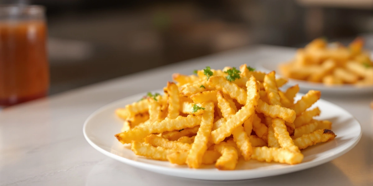 Chrupiące złote frytki na białym talerzu