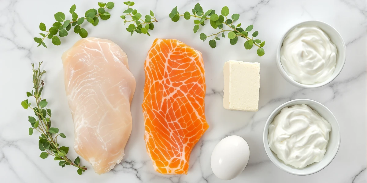 mięso drobiowe, łosoś, jajko, kostka tofu i jogurt naturalny w miseczkach