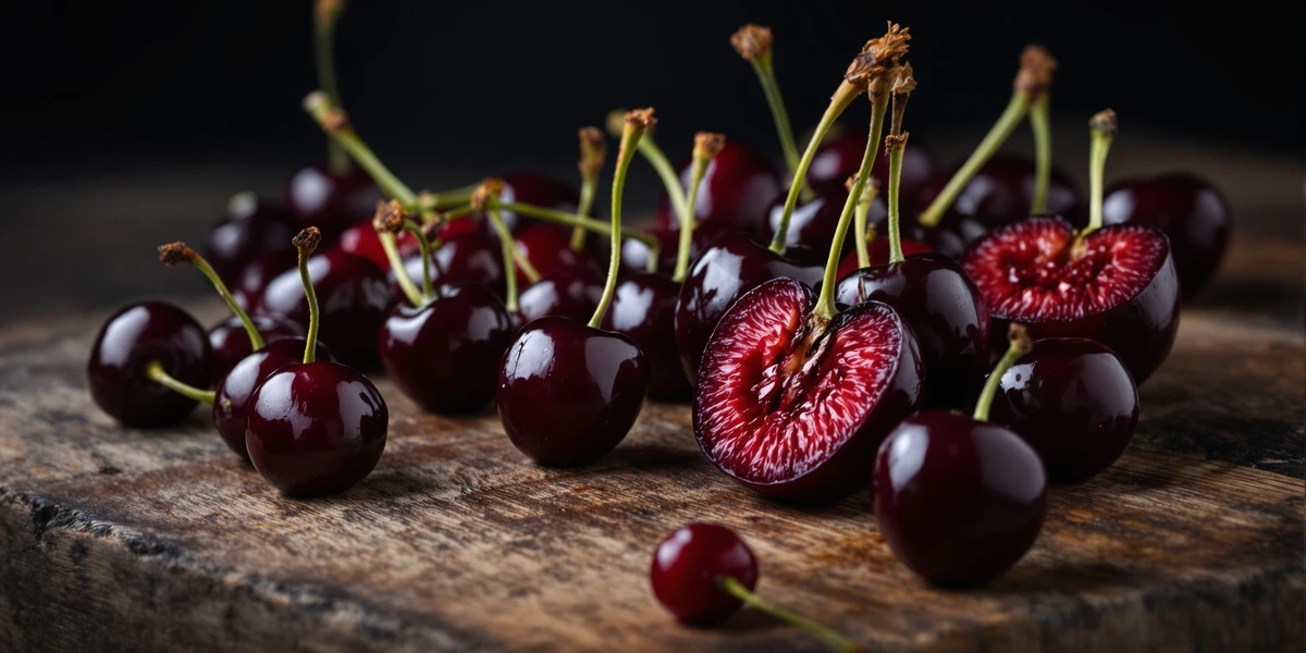 Ciemnoczerwone czereśnie na drewnianej desce