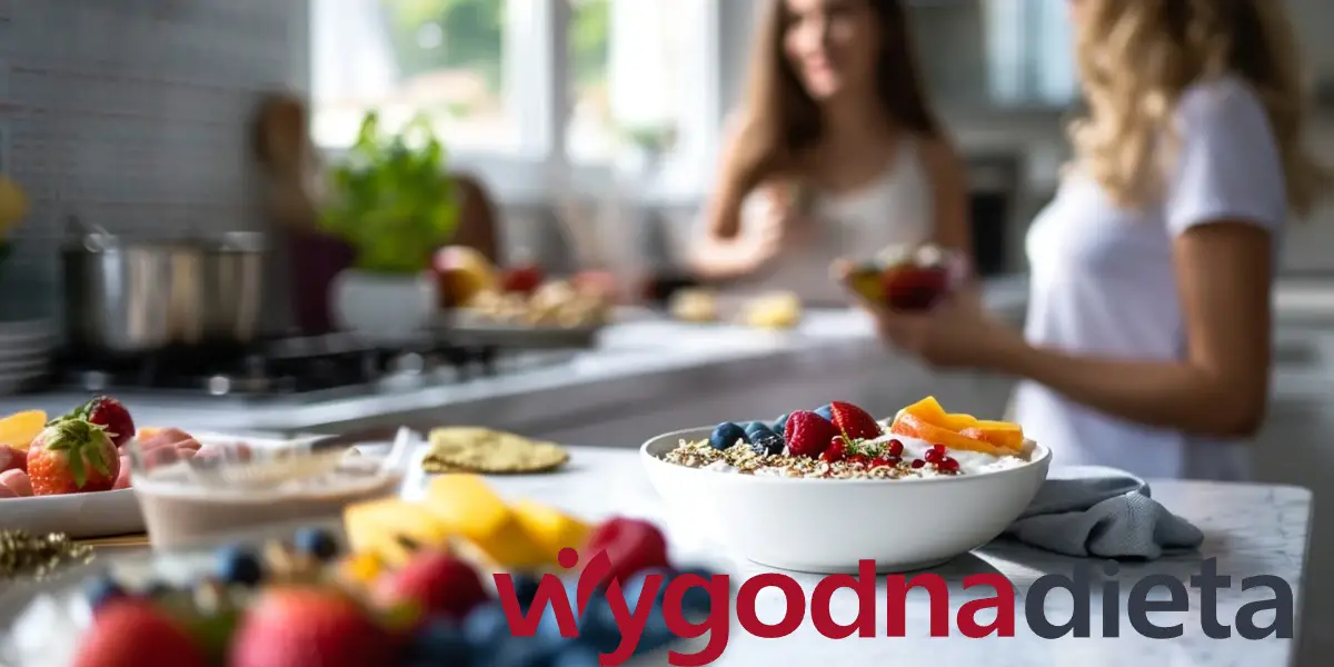 zdrowa owsianka na blacie a w tle dwie młode kobiety