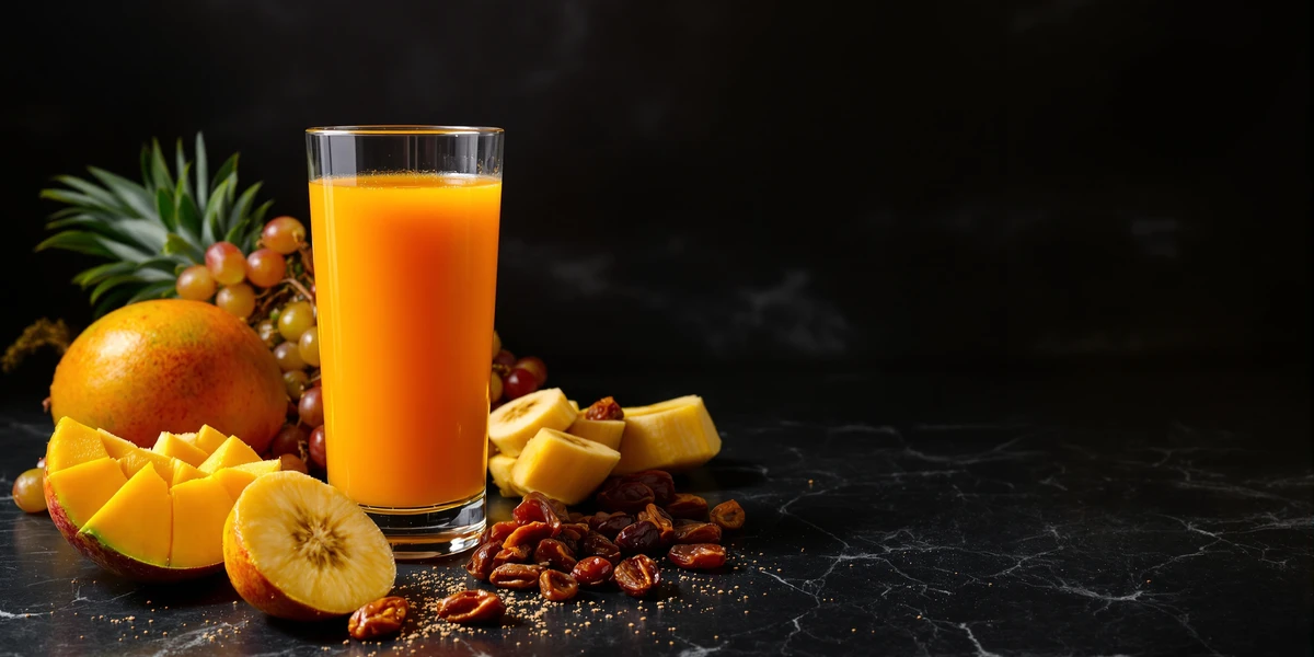 sok z ananasa, banana i mango w szklance