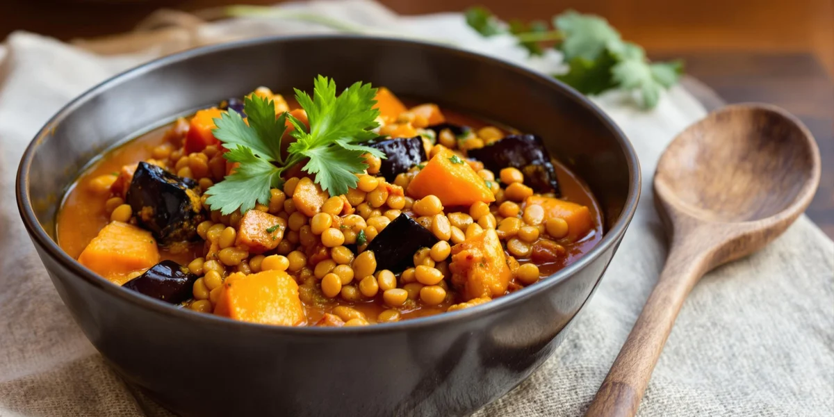 Curry z soczewicą, batatem i bakłażanem