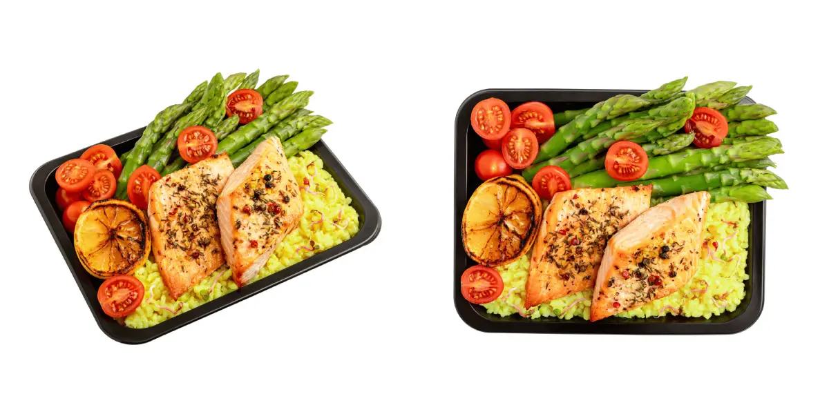 łosoś  kaszą bulgur i szparagami