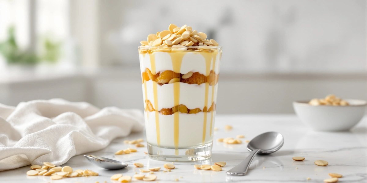 deser w szklance z jogurtem greckim, miodem, orzechami i miechunką