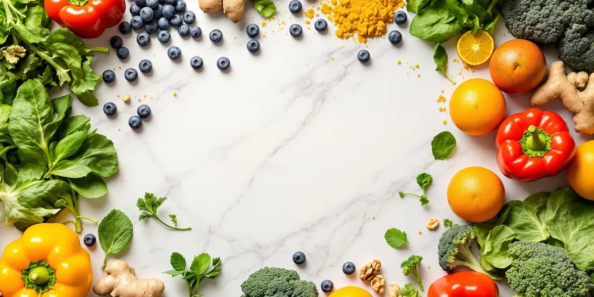 różnorodne warzywa i owoce ułożone na blacie