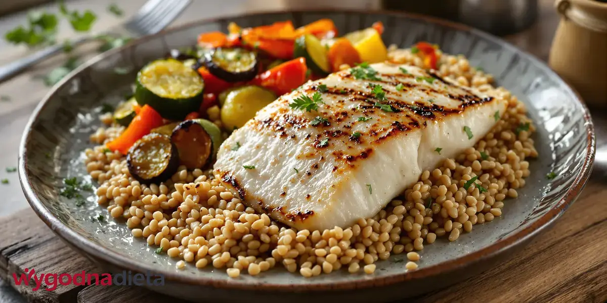 dorsz grillowany z kaszą gryczaną i warzywami
