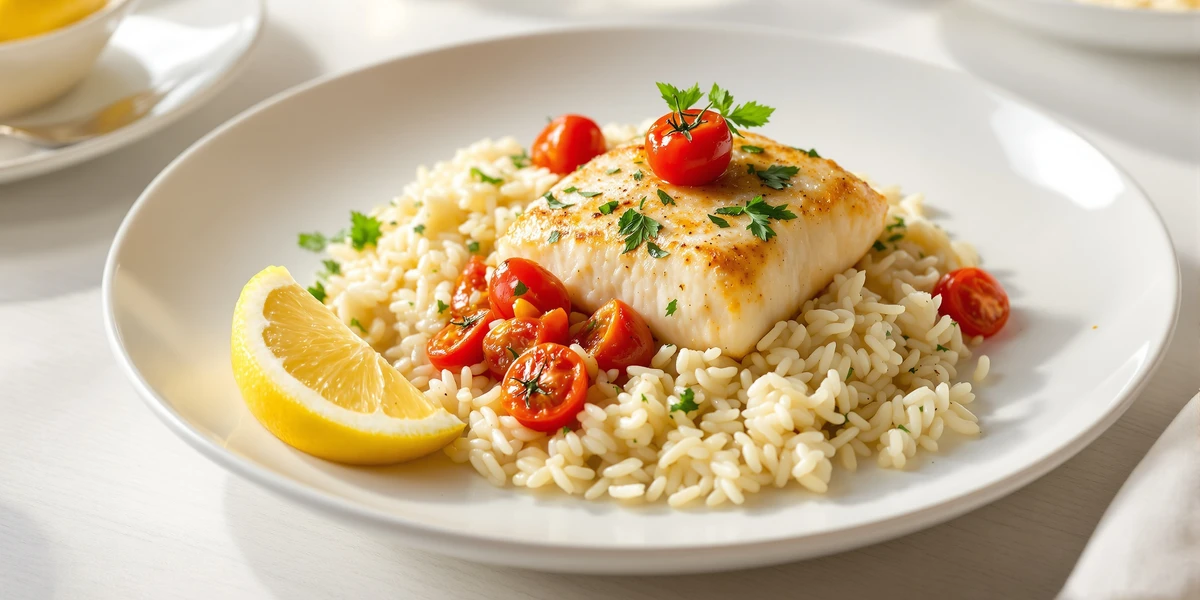 Dorsz pieczony z ryżem i pomidorkami