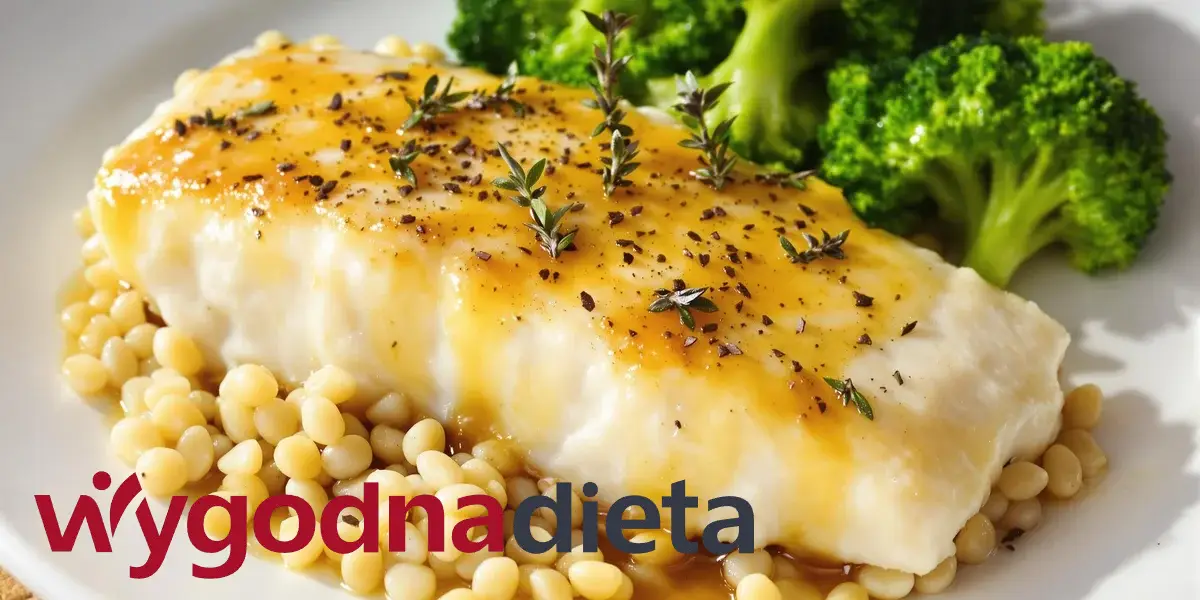 dorsz pieczony z kaszą bulgur, z brokułami i oliwą z oliwek