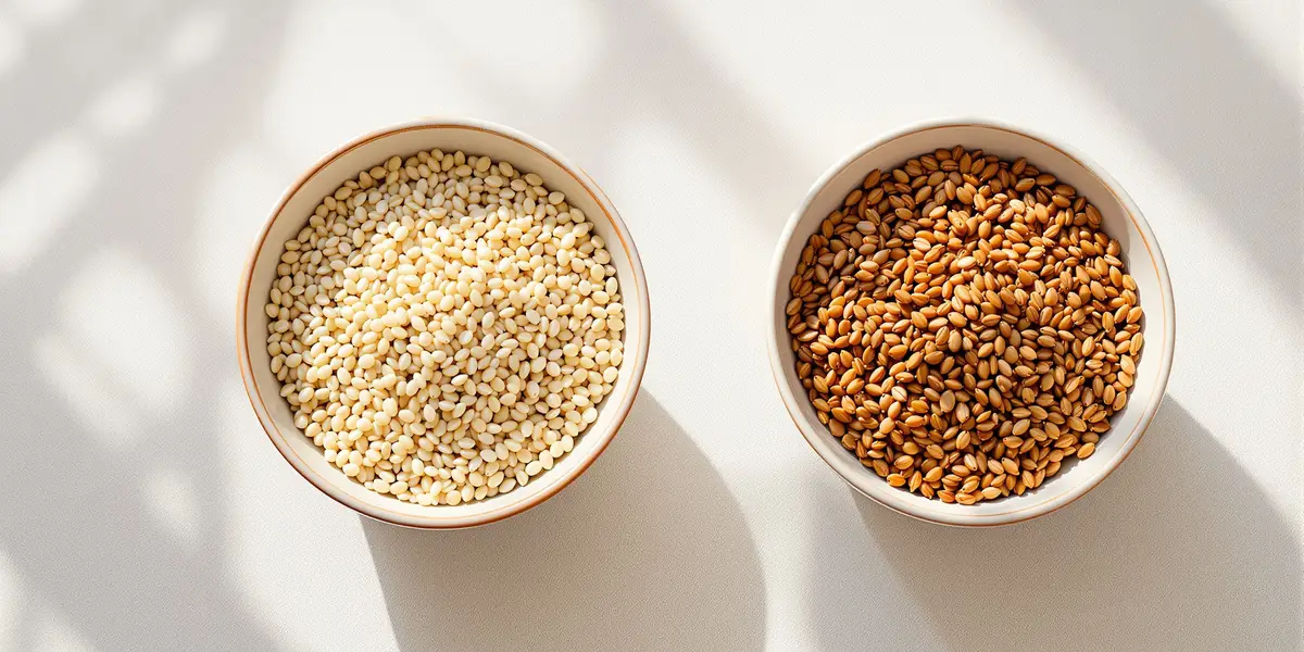 Dwie miski kaszy gryczanej surowej i prażonej